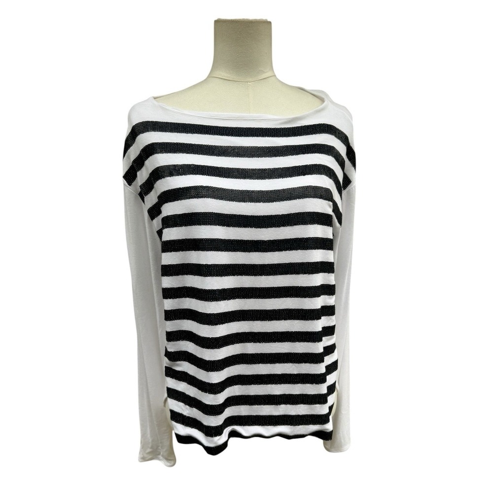 Etcetera Womens L Black White Sequin Striped Long Sleeve Nautical Boatneck Top